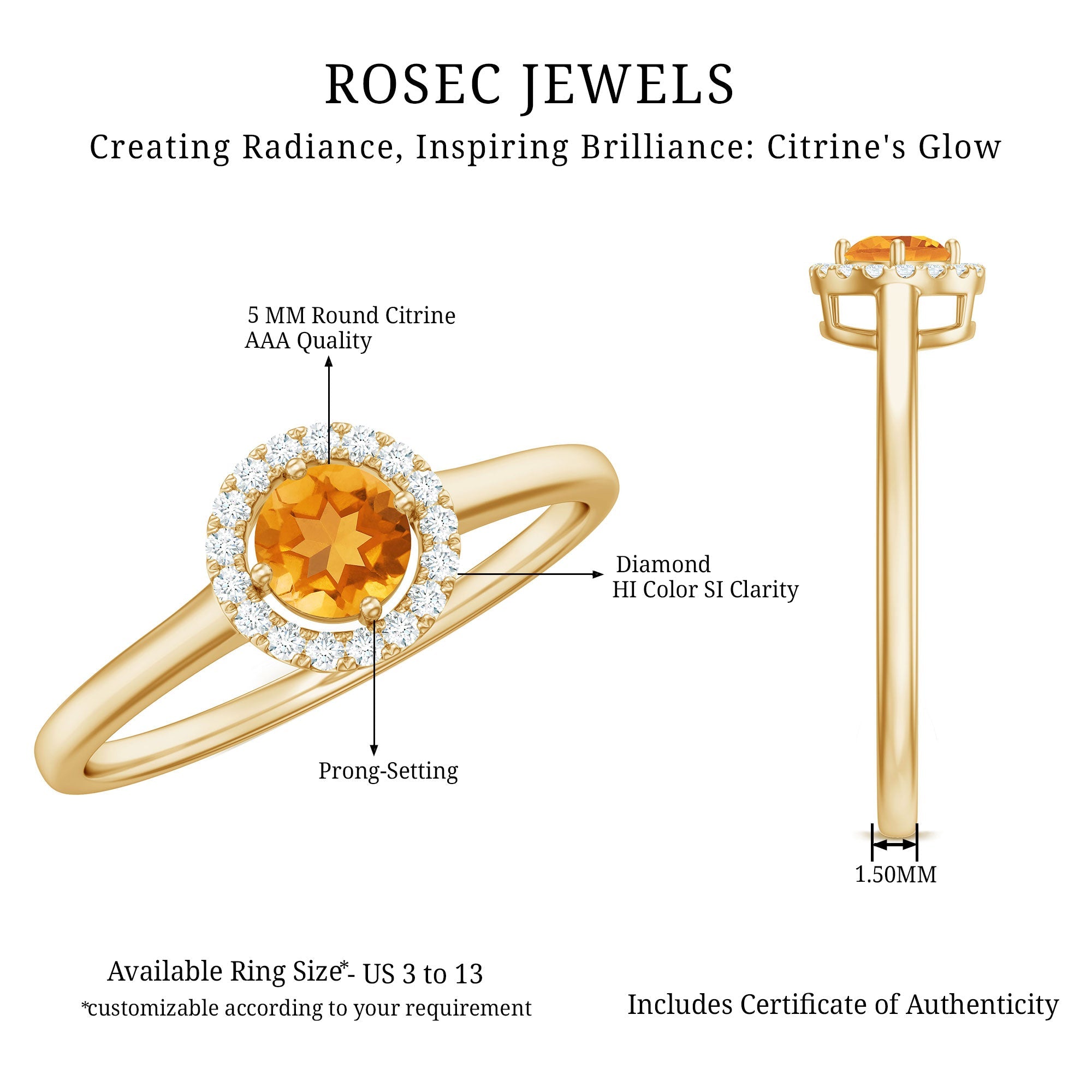 Certified Natural Citrine Promise Ring with Diamond Halo