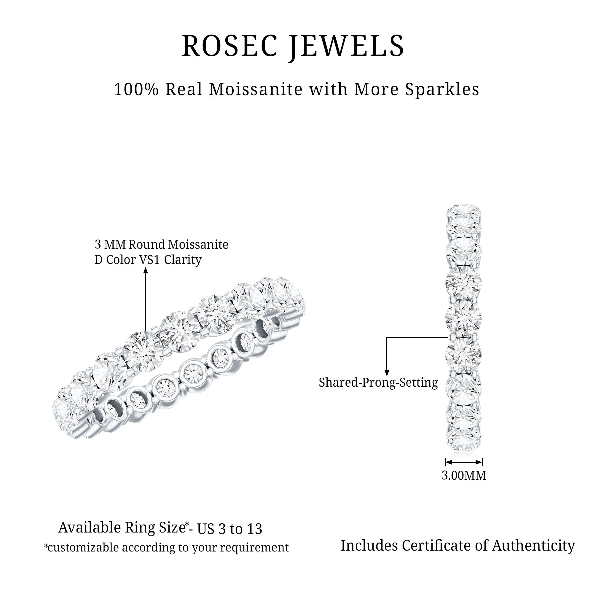 Round Cut Moissanite Simple Eternity Band Ring in Prong Setting