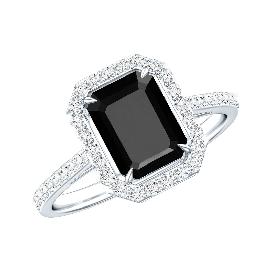 1.6 Carat Lab Grown Black and White Diamond Emerald Cut Engagement Ring with Halo