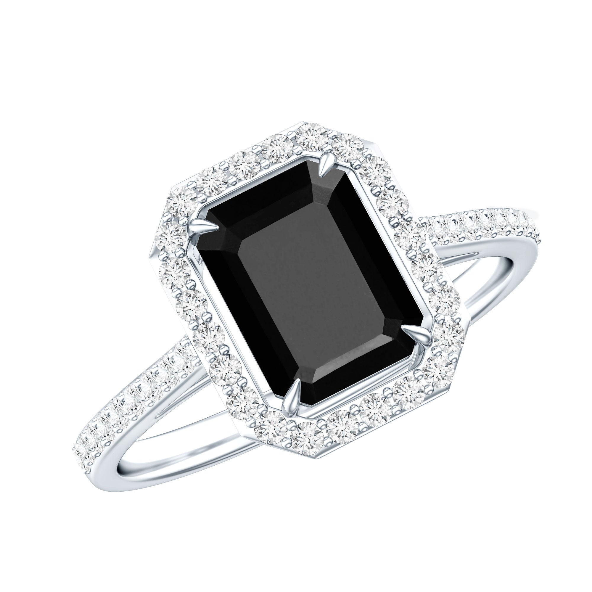 1.6 Carat Lab Grown Black and White Diamond Emerald Cut Engagement Ring with Halo