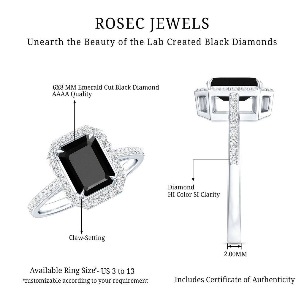1.6 Carat Lab Grown Black and White Diamond Emerald Cut Engagement Ring with Halo