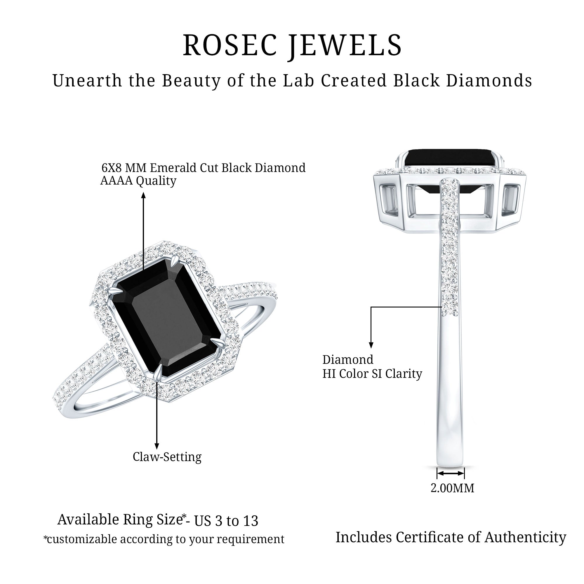 1.6 Carat Lab Grown Black and White Diamond Emerald Cut Engagement Ring with Halo