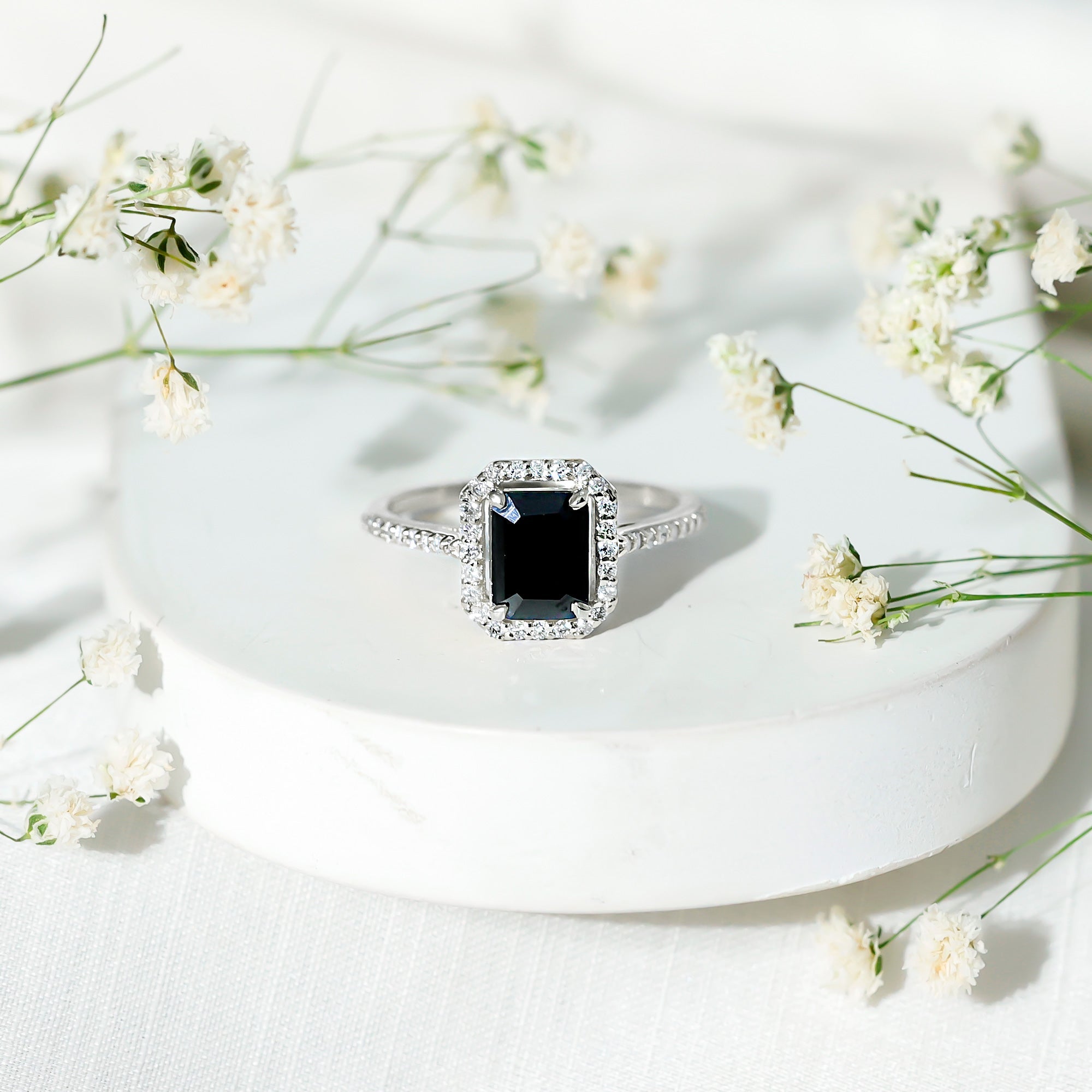1.6 Carat Lab Grown Black and White Diamond Emerald Cut Engagement Ring with Halo