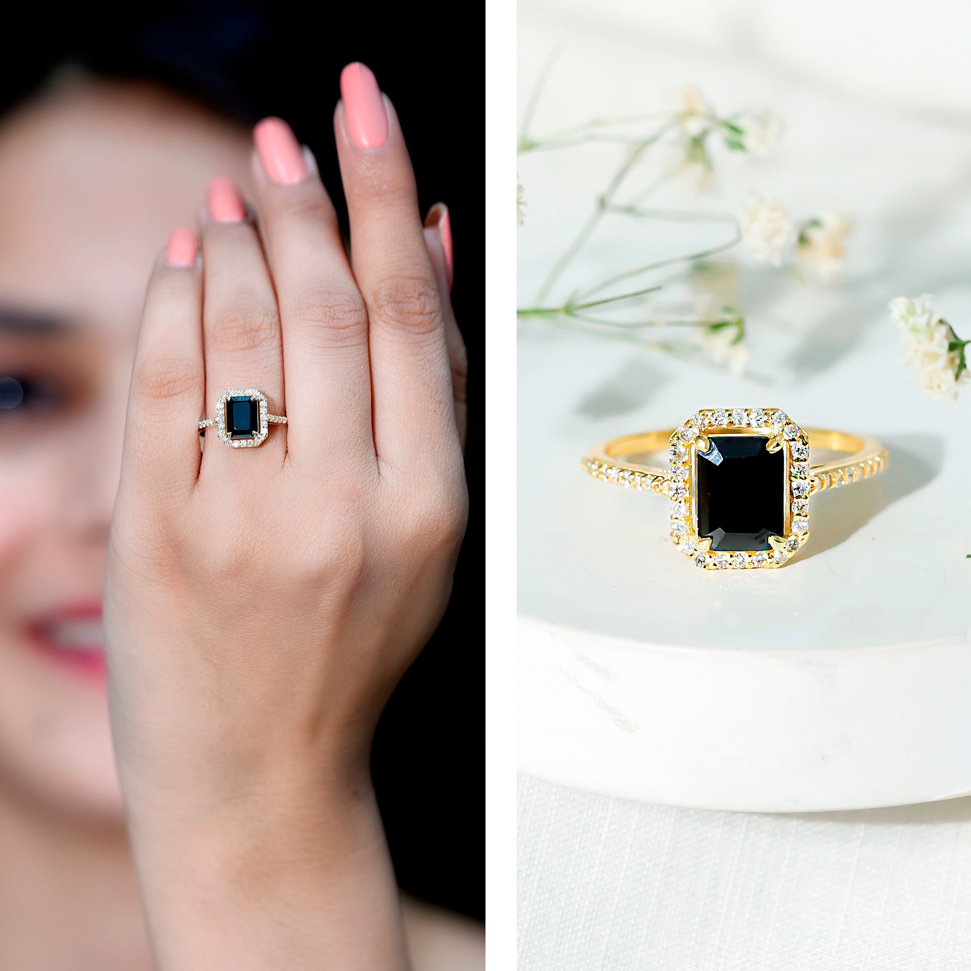 1.6 Carat Lab Grown Black and White Diamond Emerald Cut Engagement Ring with Halo