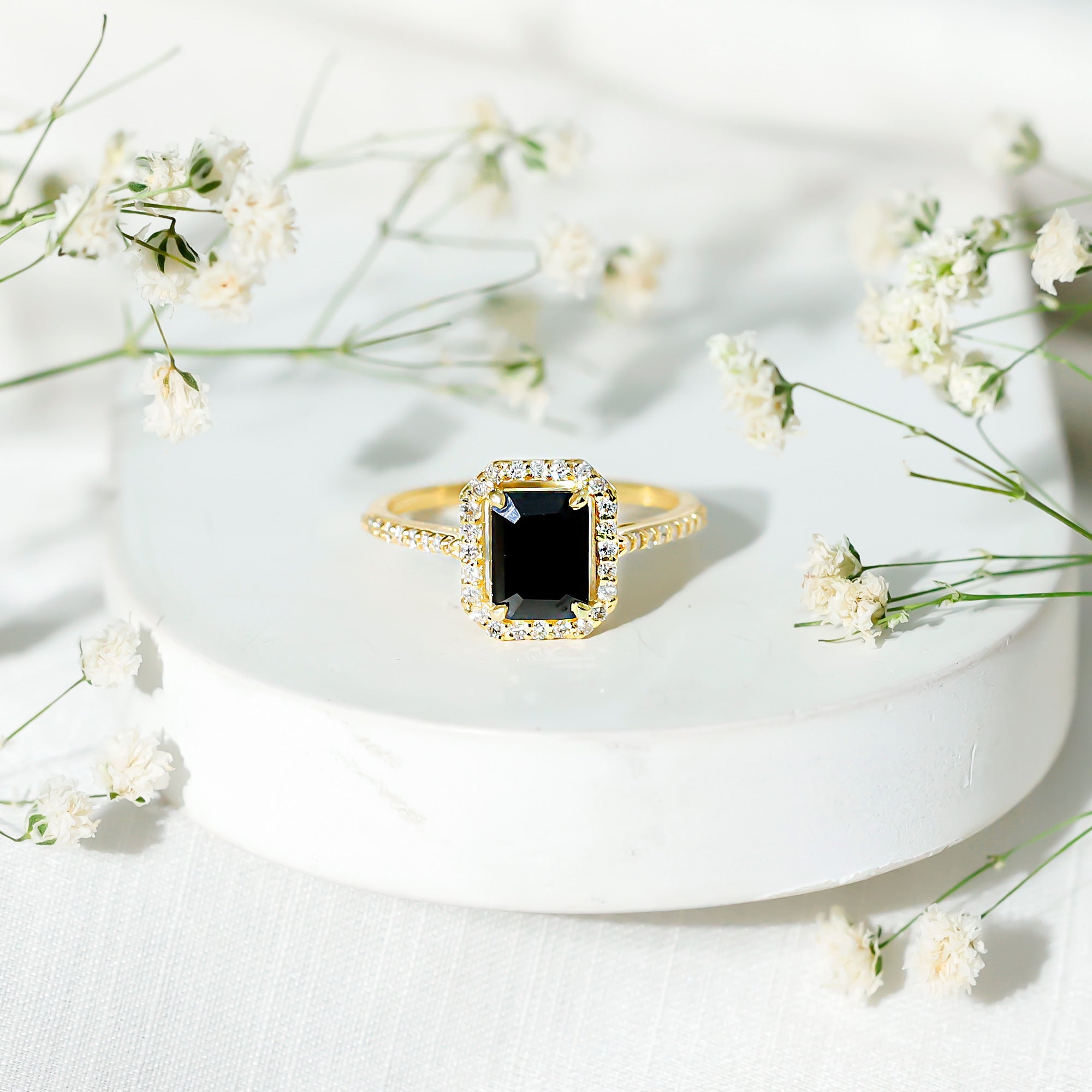 1.6 Carat Lab Grown Black and White Diamond Emerald Cut Engagement Ring with Halo