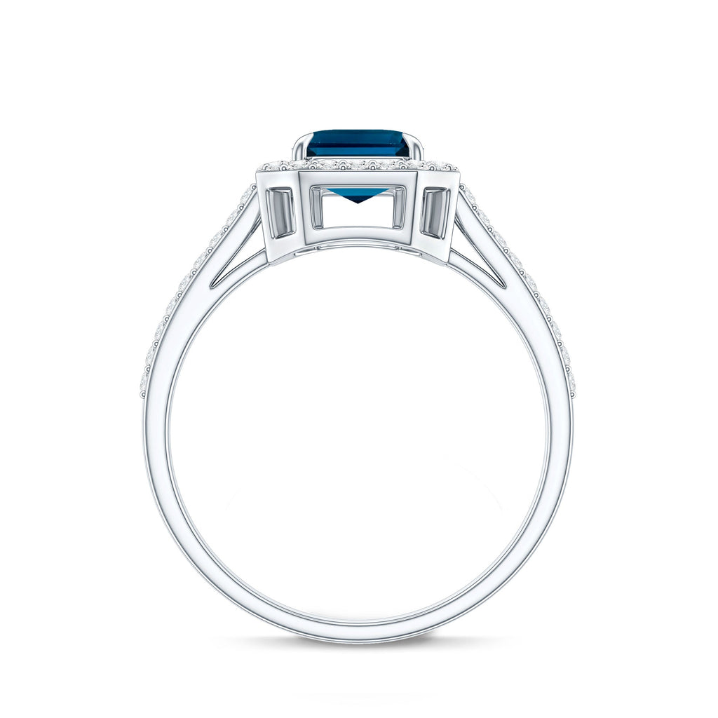 Emerald Cut London Blue Topaz Engagement Ring with Diamond Halo