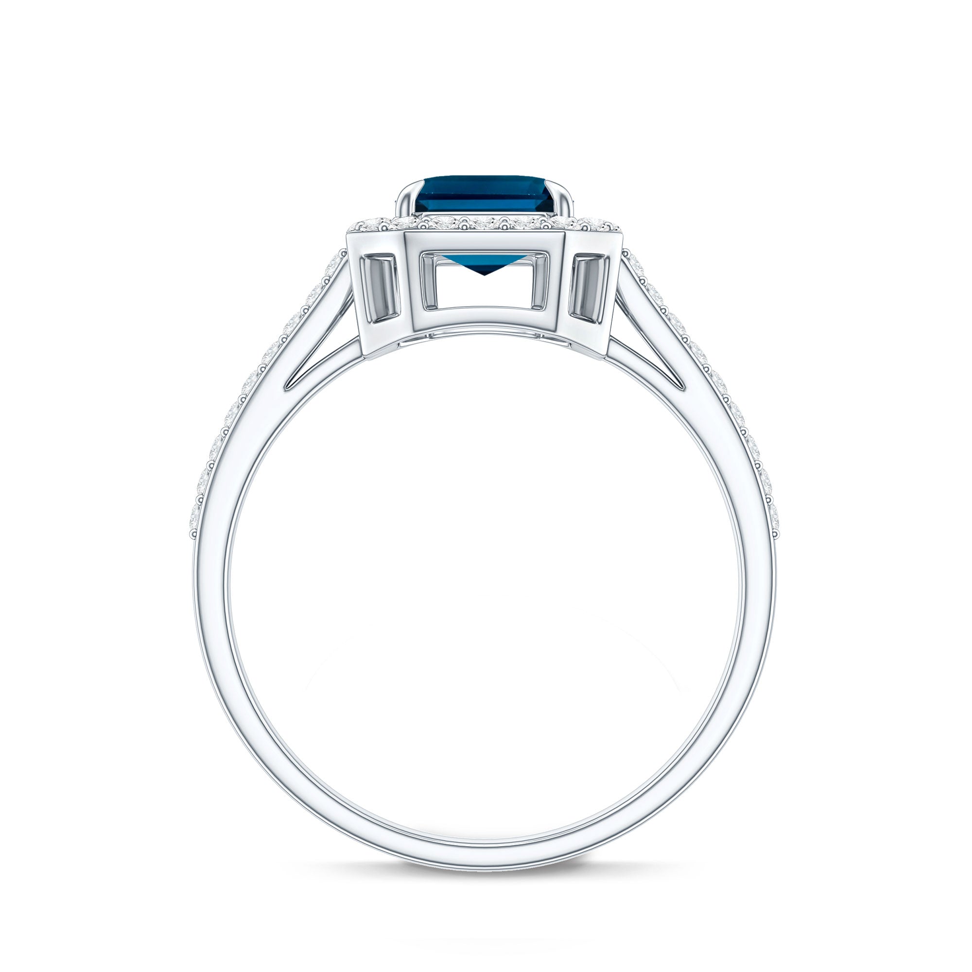 Emerald Cut London Blue Topaz Engagement Ring with Diamond Halo