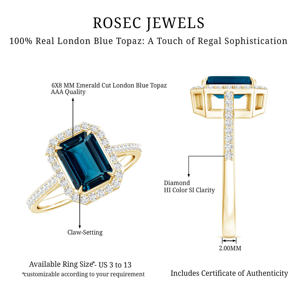 Emerald Cut London Blue Topaz Engagement Ring with Diamond Halo
