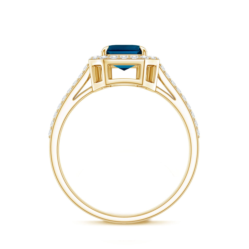 Emerald Cut London Blue Topaz Engagement Ring with Diamond Halo