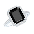 3.4 Carat Lab Grown Black Diamond Emerald Cut Engagement Ring with White Diamond Halo