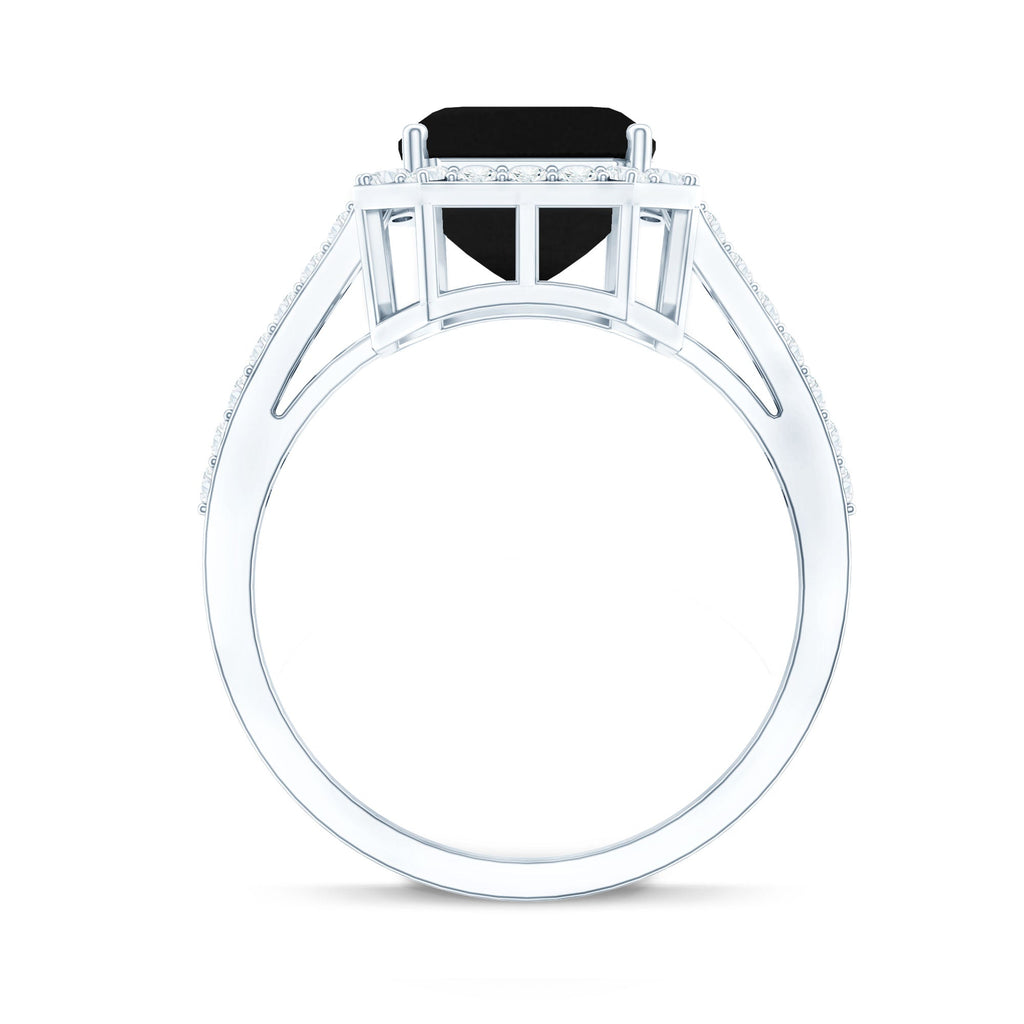 3.4 Carat Lab Grown Black Diamond Emerald Cut Engagement Ring with White Diamond Halo