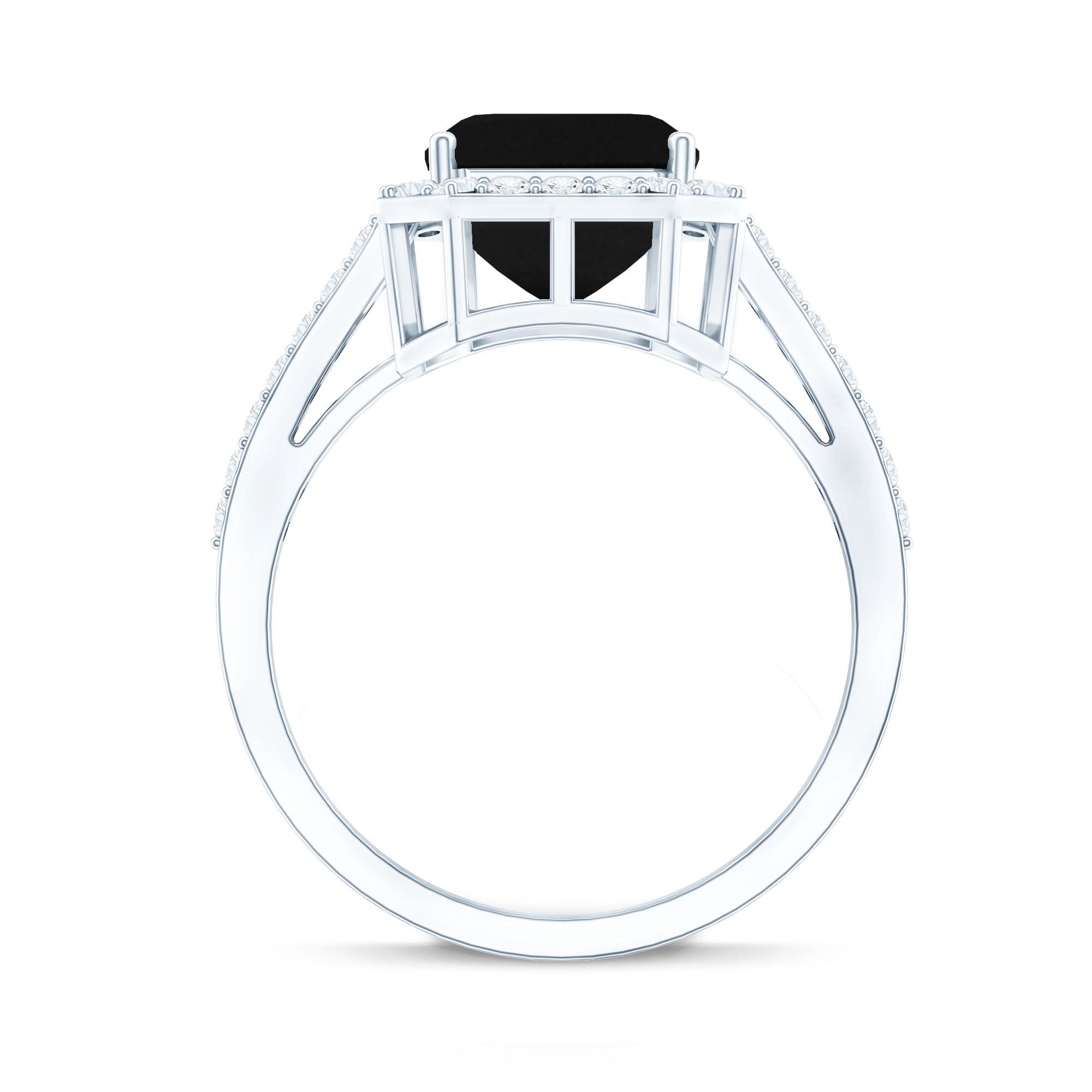 3.4 Carat Lab Grown Black Diamond Emerald Cut Engagement Ring with White Diamond Halo
