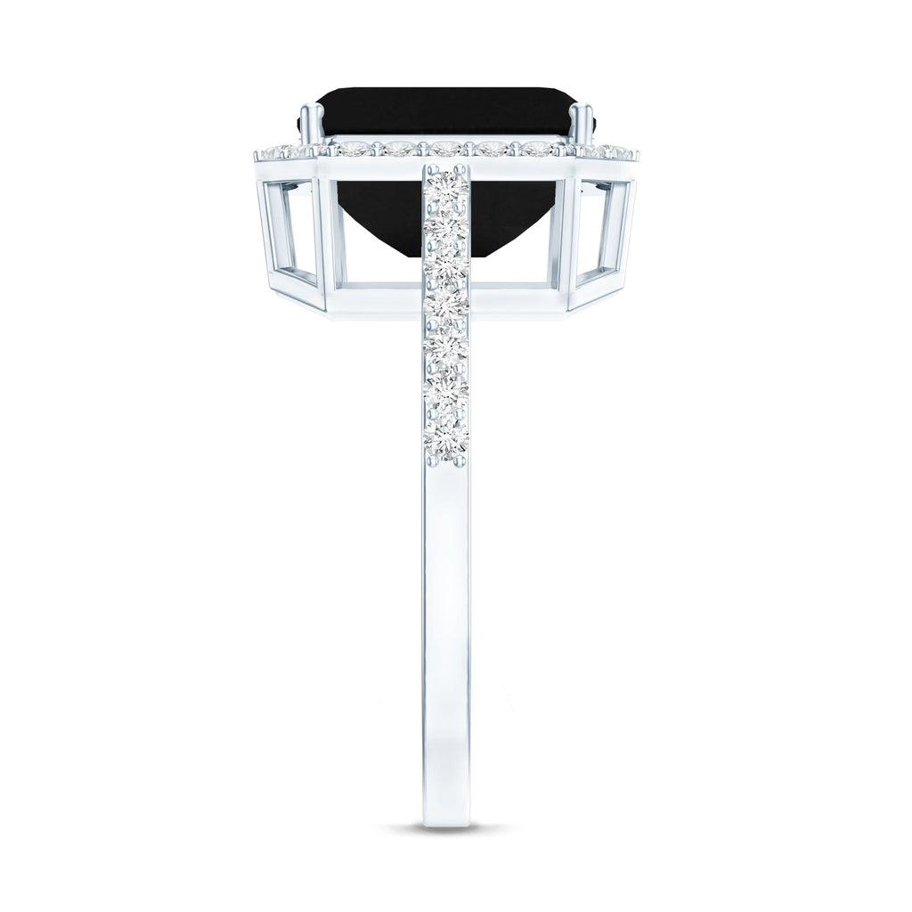 3.4 Carat Lab Grown Black Diamond Emerald Cut Engagement Ring with White Diamond Halo