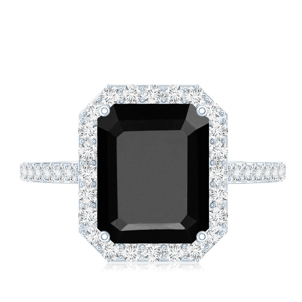 3.4 Carat Lab Grown Black Diamond Emerald Cut Engagement Ring with White Diamond Halo