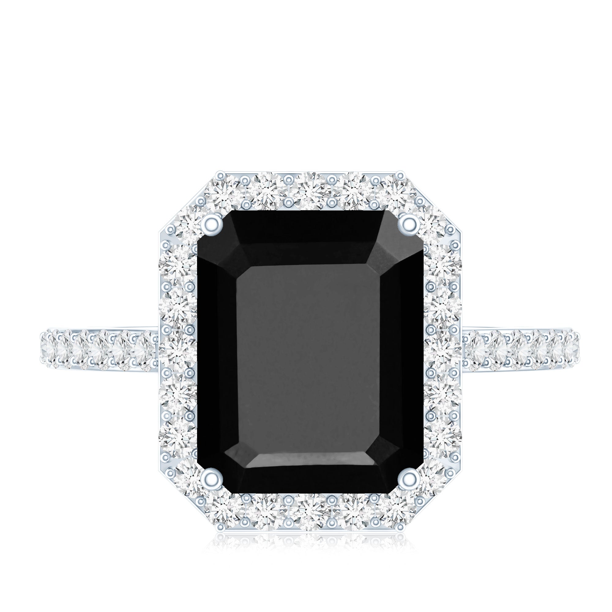 3.4 Carat Lab Grown Black Diamond Emerald Cut Engagement Ring with White Diamond Halo