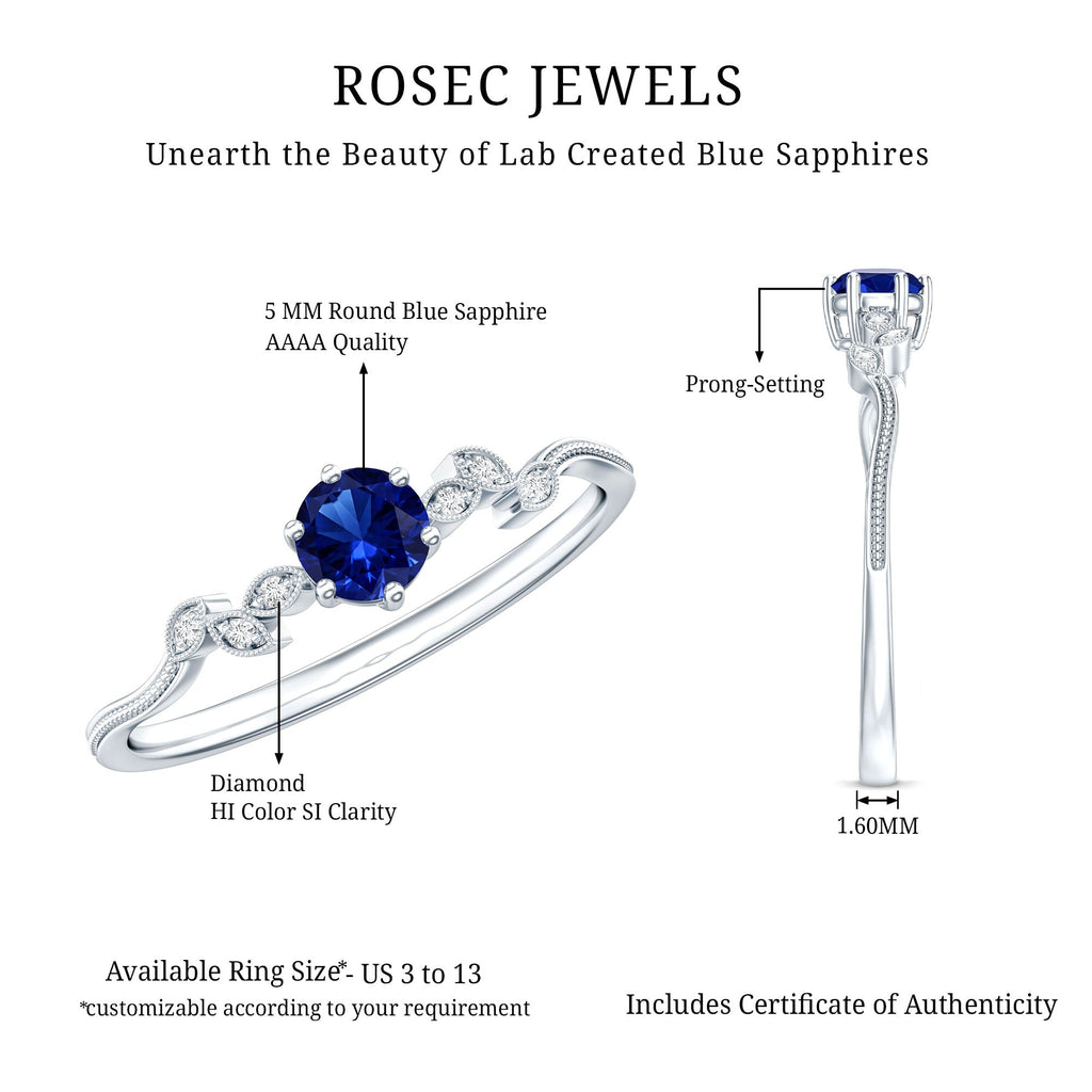Certified 0.6 Carat Lab Grown Blue Sapphire Flower Promise Ring with Diamond