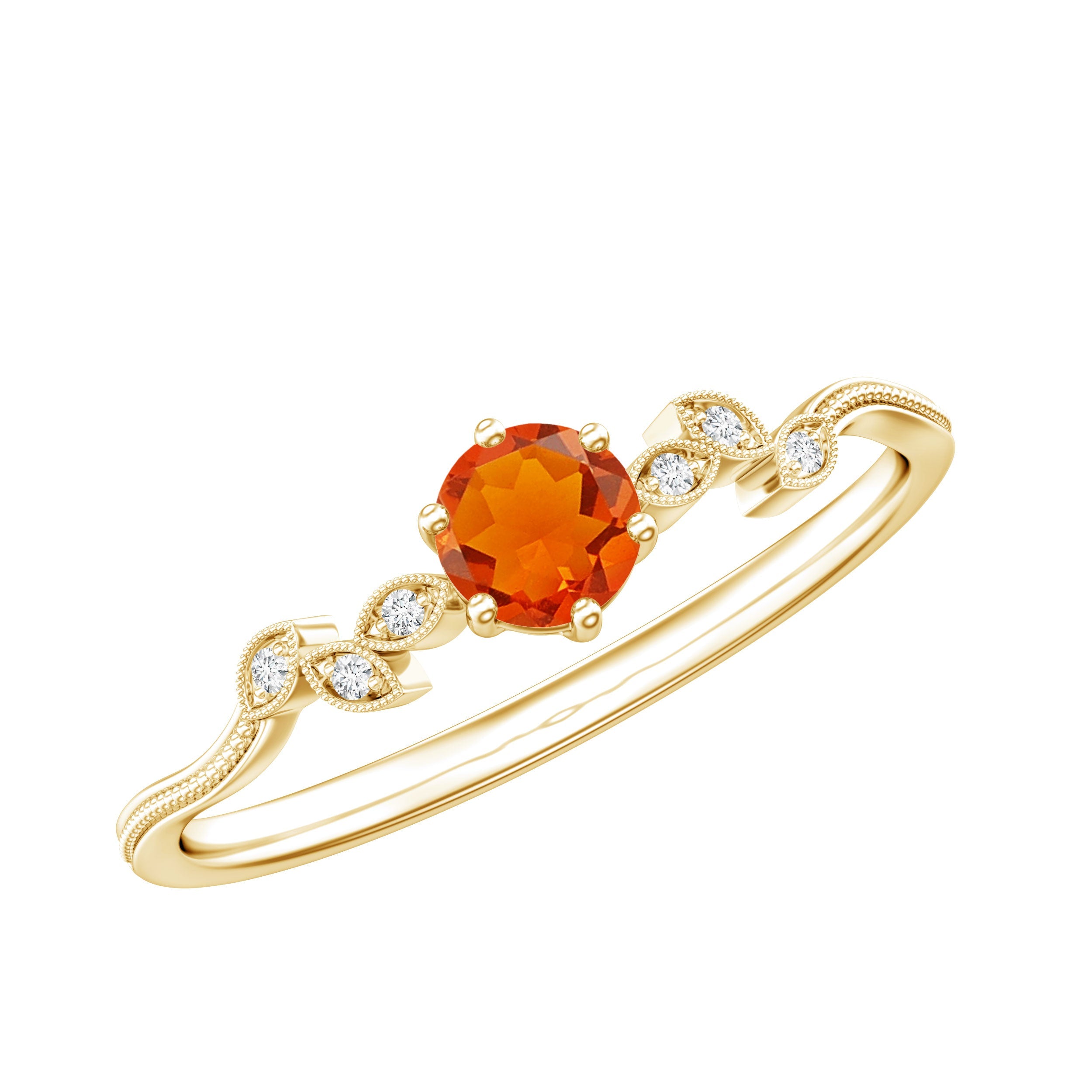 Round Fire Opal Leaf Promise Ring with Diamond