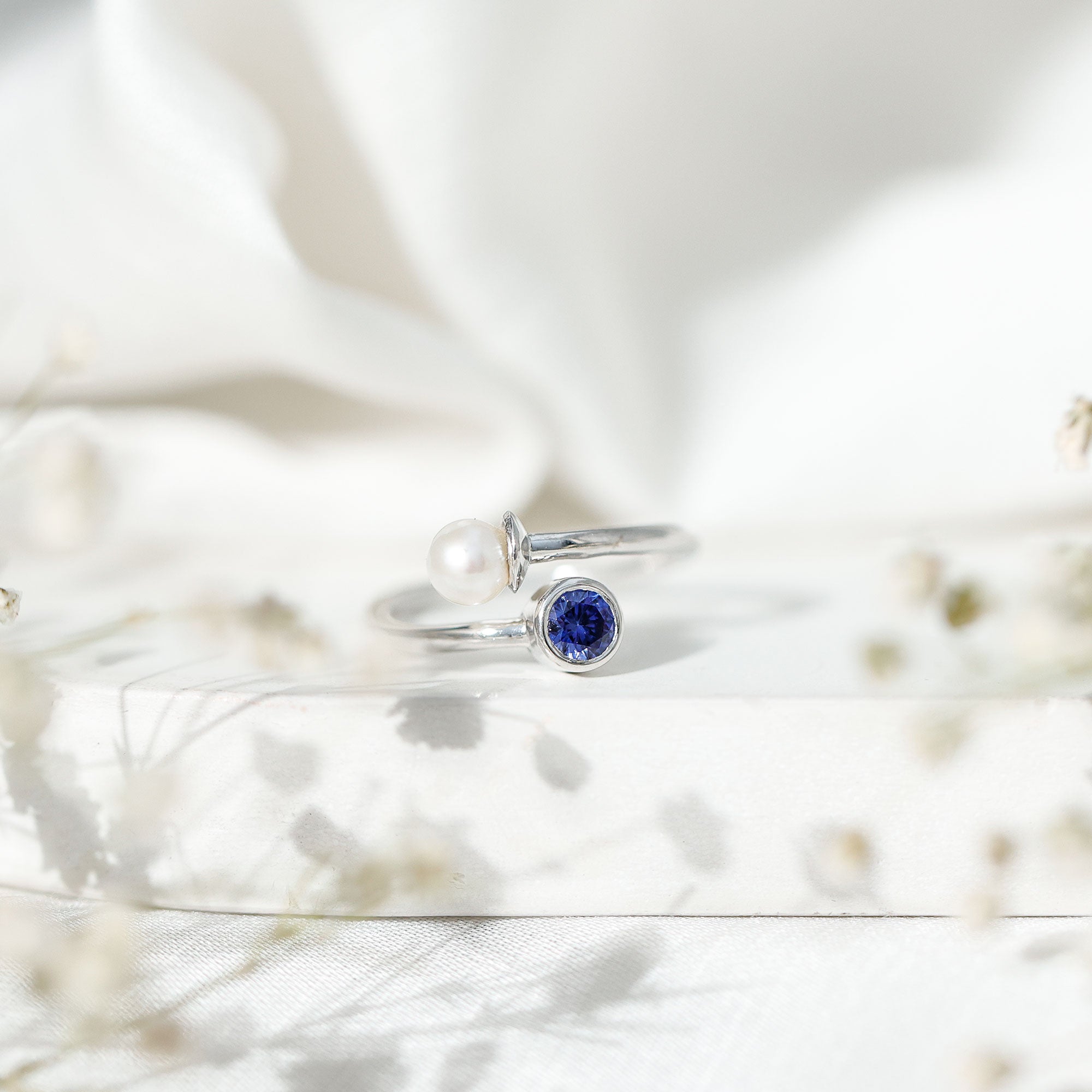 Lab Created Blue Sapphire and Pearl Toi Et Moi Ring
