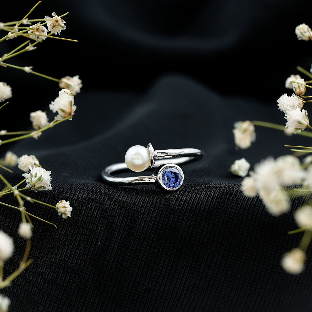 Lab Created Blue Sapphire and Pearl Toi Et Moi Ring