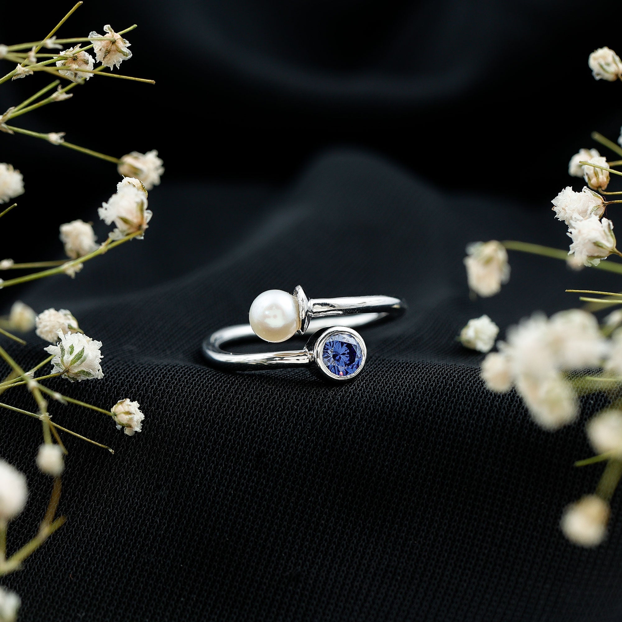 Lab Created Blue Sapphire and Pearl Toi Et Moi Ring