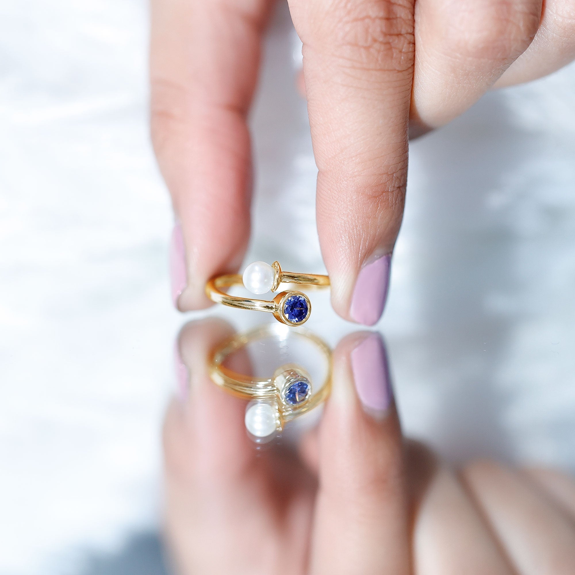 Lab Created Blue Sapphire and Pearl Toi Et Moi Ring