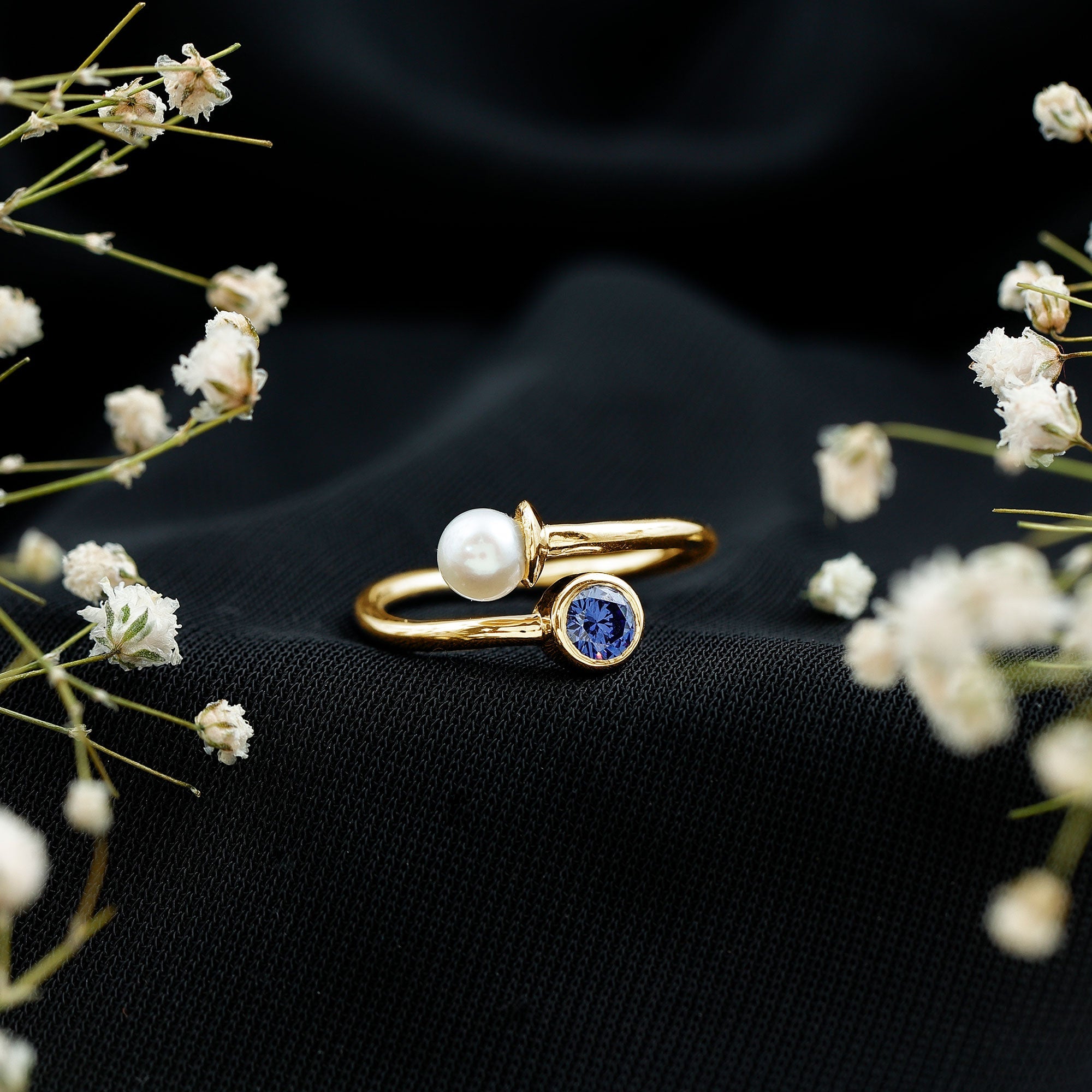 Lab Created Blue Sapphire and Pearl Toi Et Moi Ring