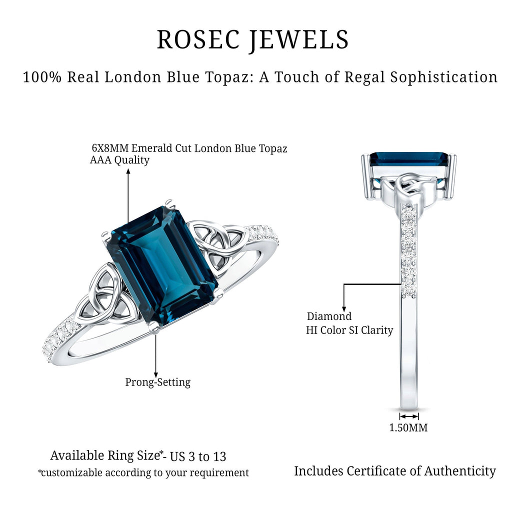 Emerald Cut London Blue Topaz Celtic Engagement Ring with Diamond