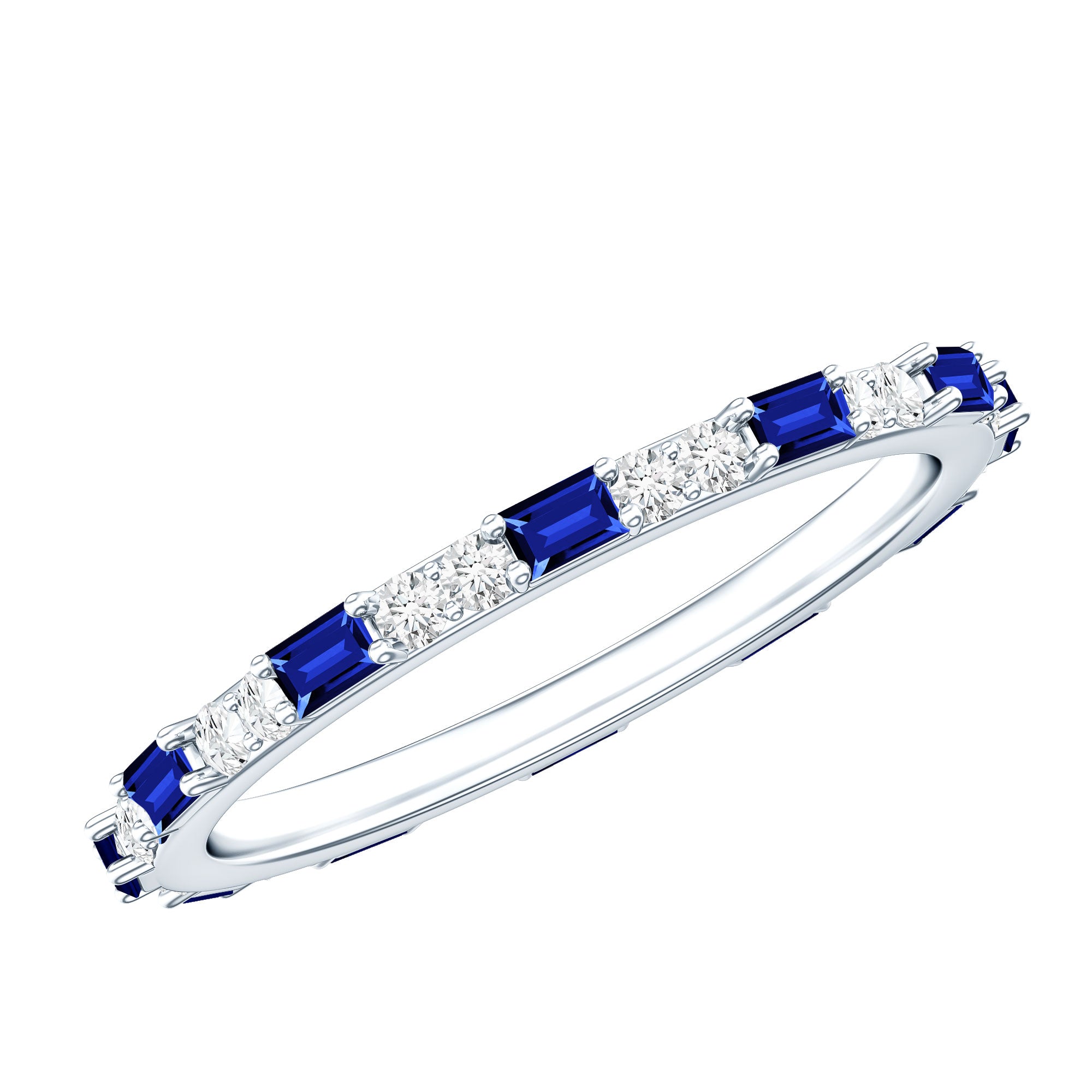 Certified Baguette Lab Blue Sapphire Eternity Ring with Diamond