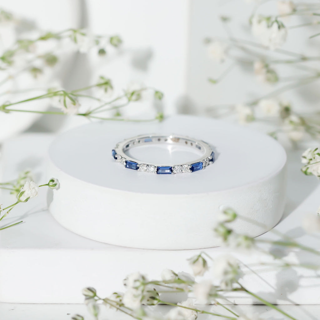 Certified Baguette Lab Blue Sapphire Eternity Ring with Diamond