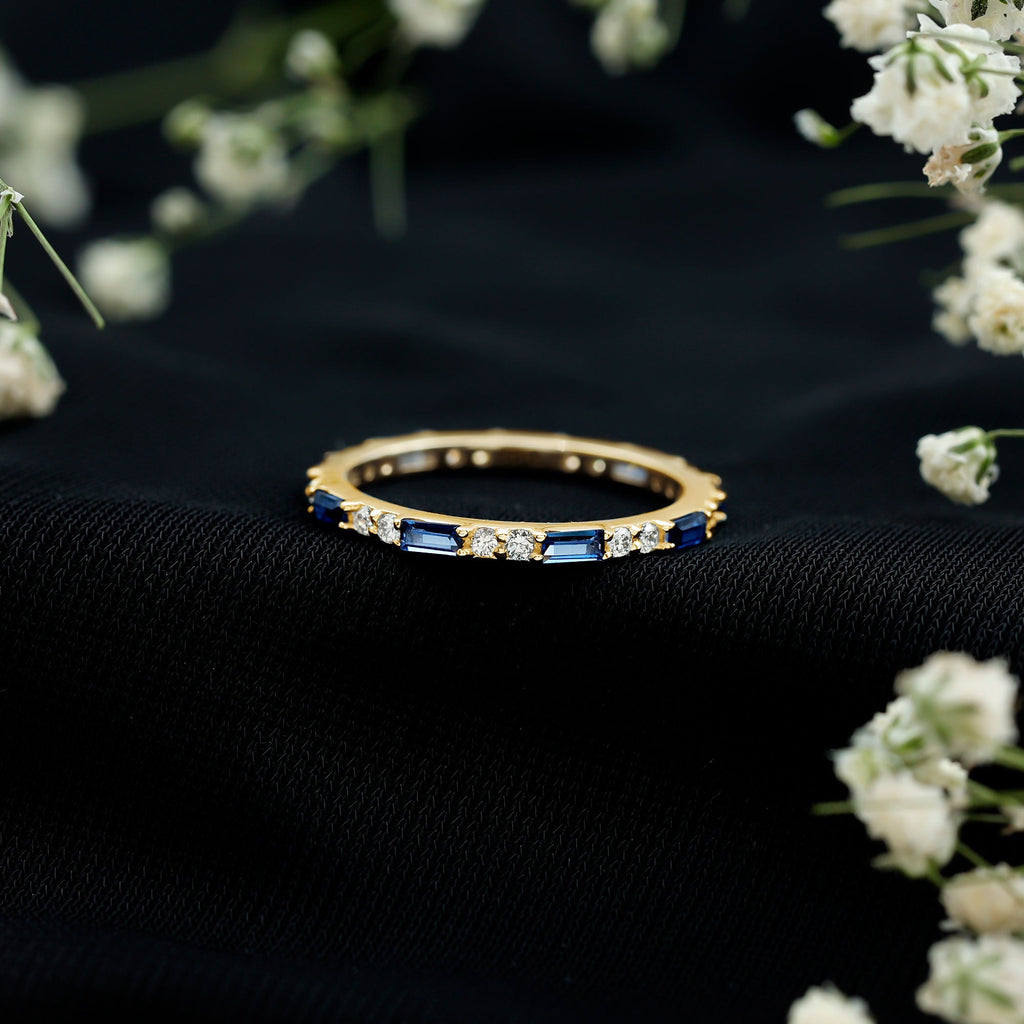 Certified Baguette Lab Blue Sapphire Eternity Ring with Diamond