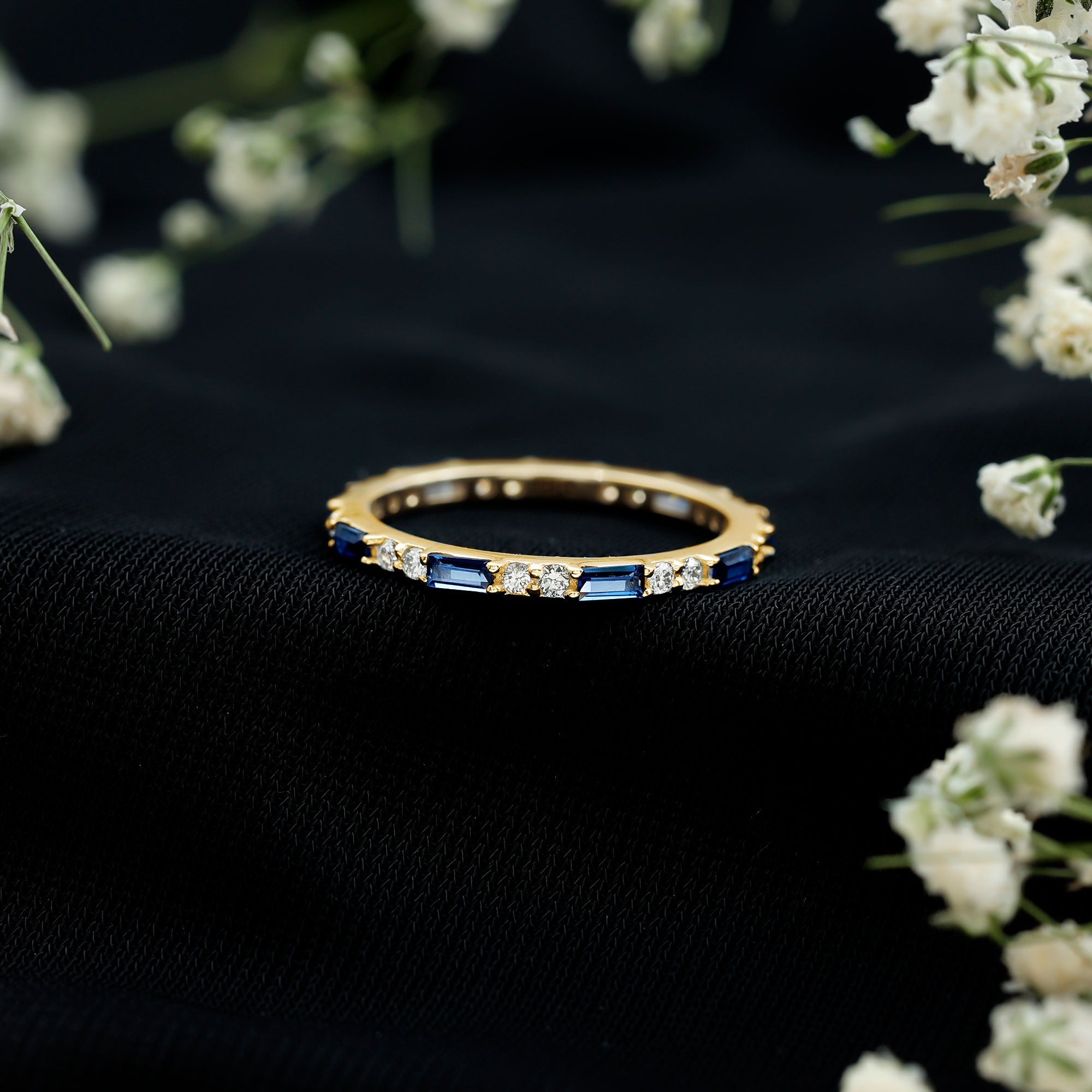Certified Baguette Lab Blue Sapphire Eternity Ring with Diamond