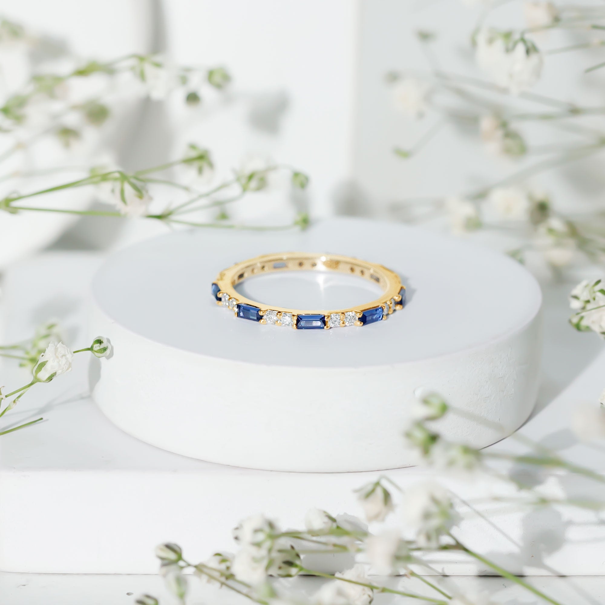 Certified Baguette Lab Blue Sapphire Eternity Ring with Diamond