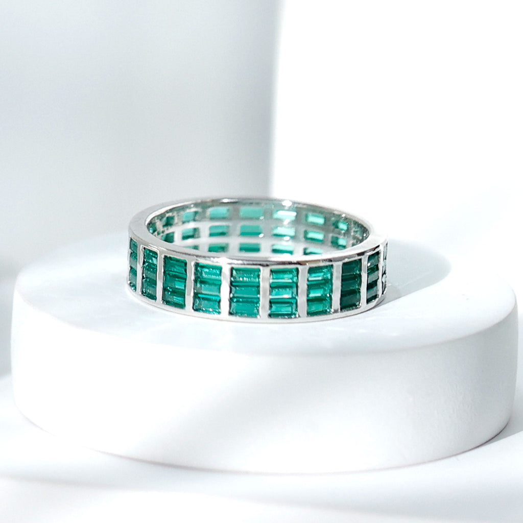 Baguette Cut Lab Grown Emerald 3 Row Eternity Band