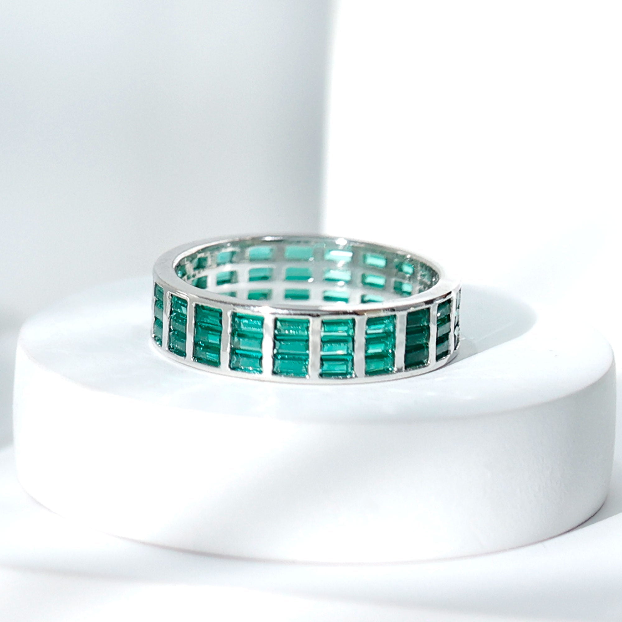 Baguette Cut Lab Grown Emerald 3 Row Eternity Band