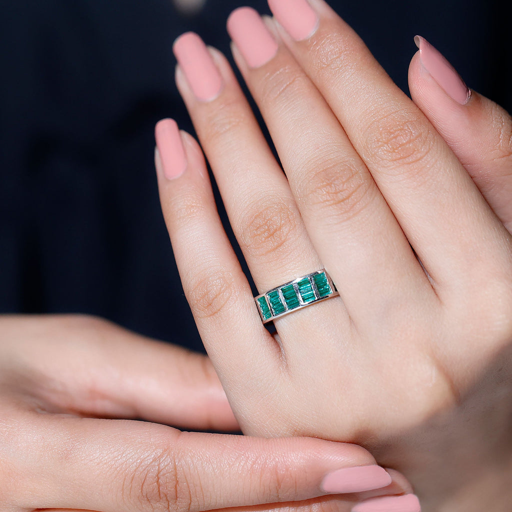 Baguette Cut Lab Grown Emerald 3 Row Eternity Band
