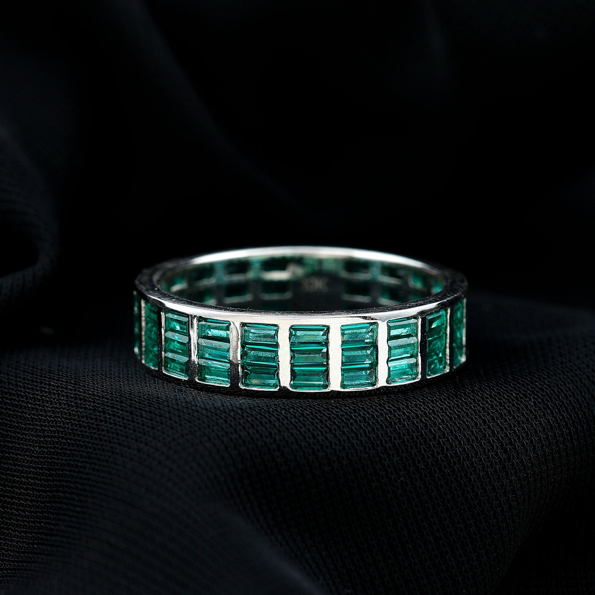Baguette Cut Lab Grown Emerald 3 Row Eternity Band
