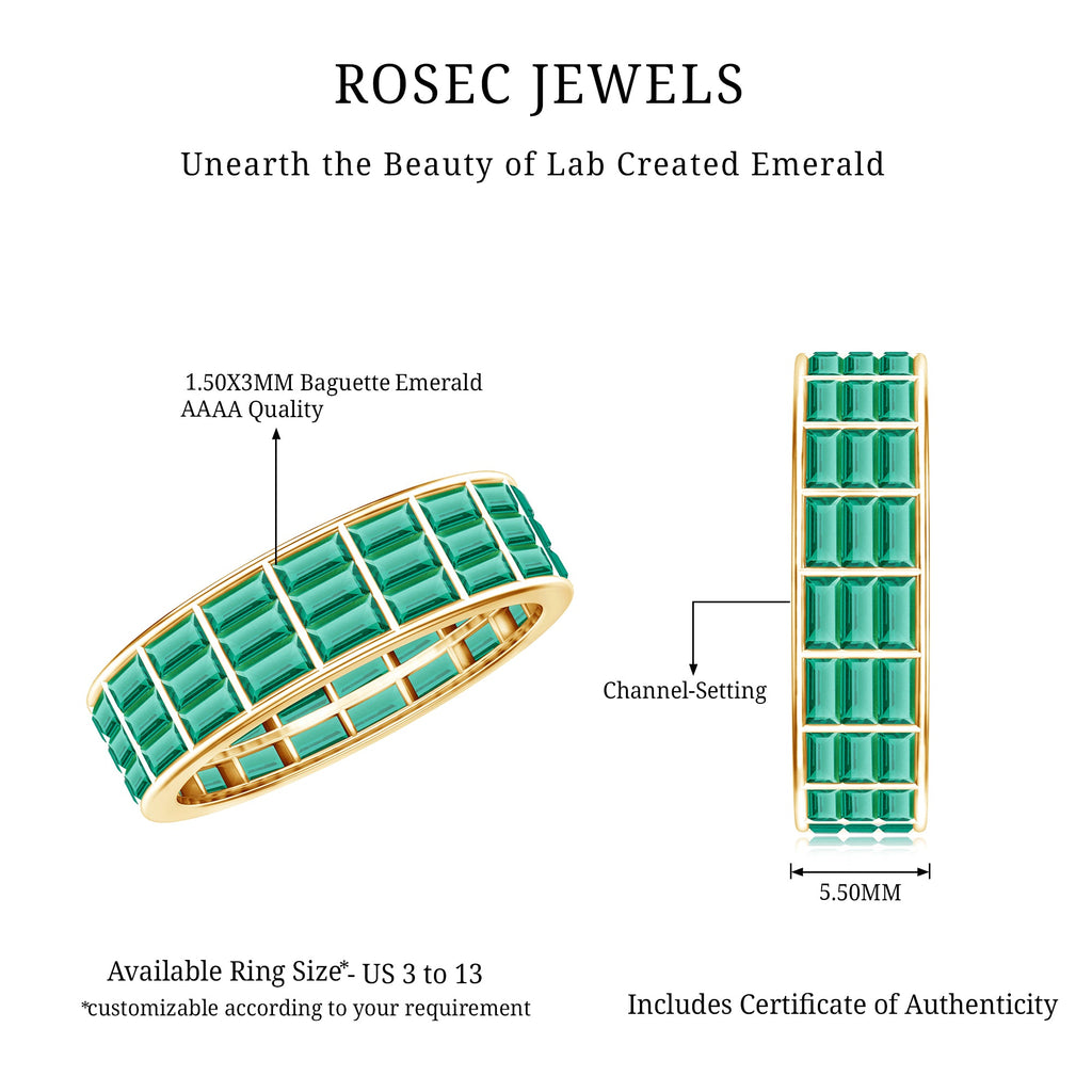 Baguette Cut Lab Grown Emerald 3 Row Eternity Band