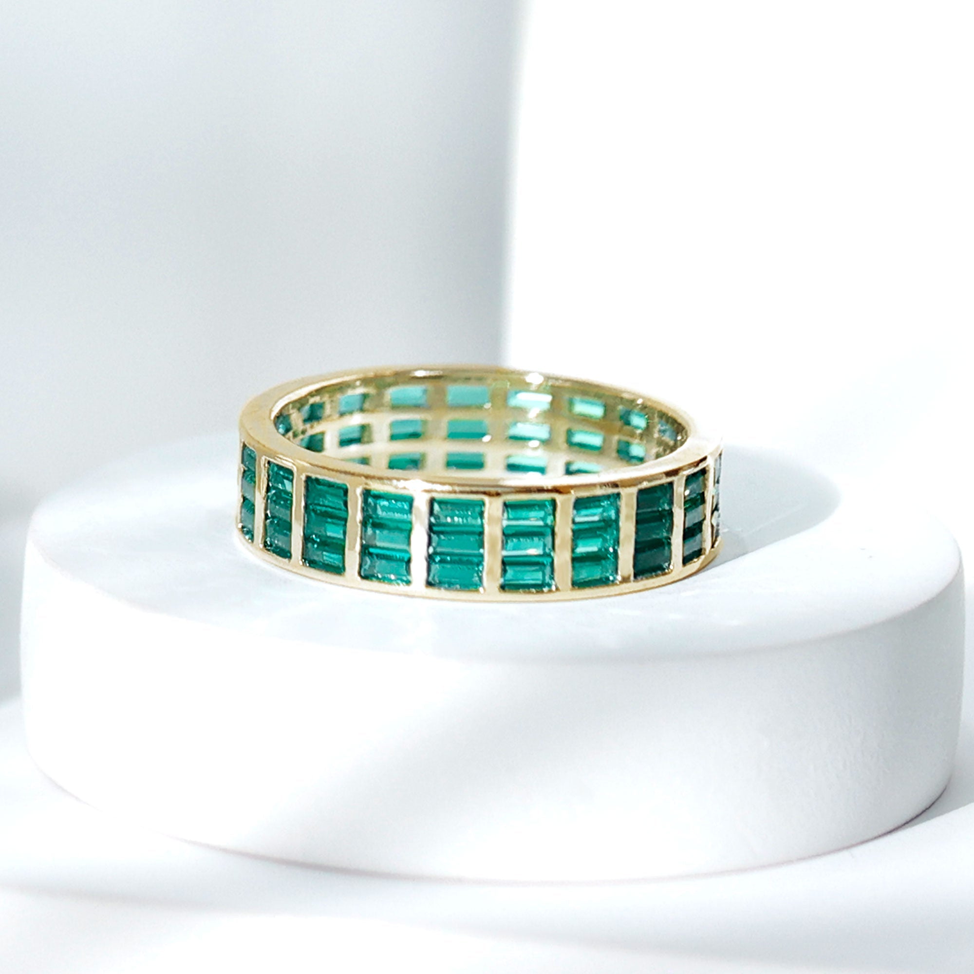 Baguette Cut Lab Grown Emerald 3 Row Eternity Band