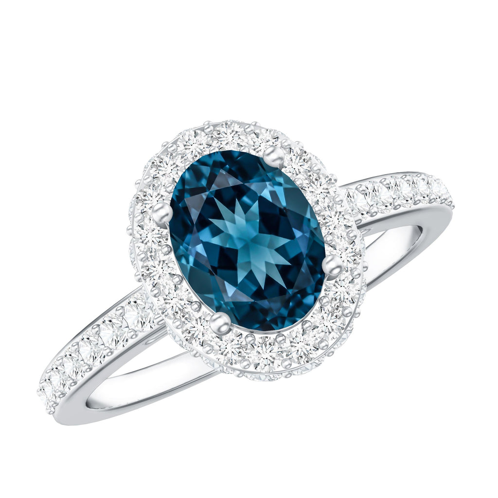 Genuine London Blue Topaz Classic Engagement Ring with Moissanite Halo