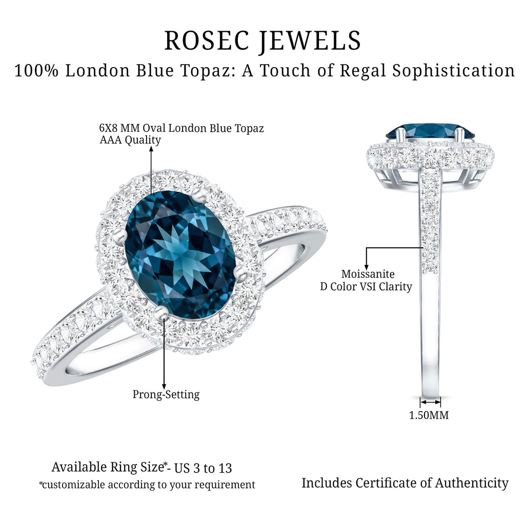 Genuine London Blue Topaz Classic Engagement Ring with Moissanite Halo