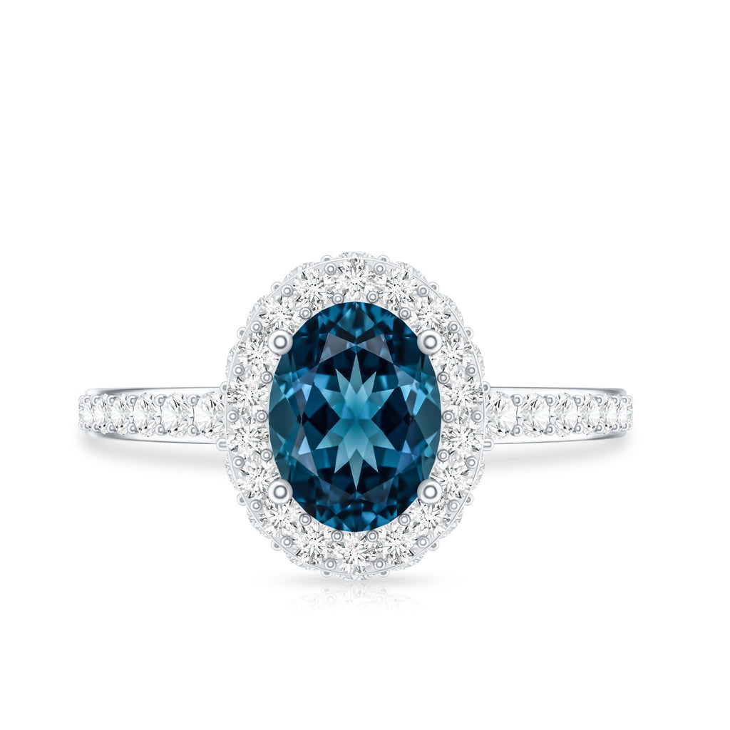 Genuine London Blue Topaz Classic Engagement Ring with Moissanite Halo