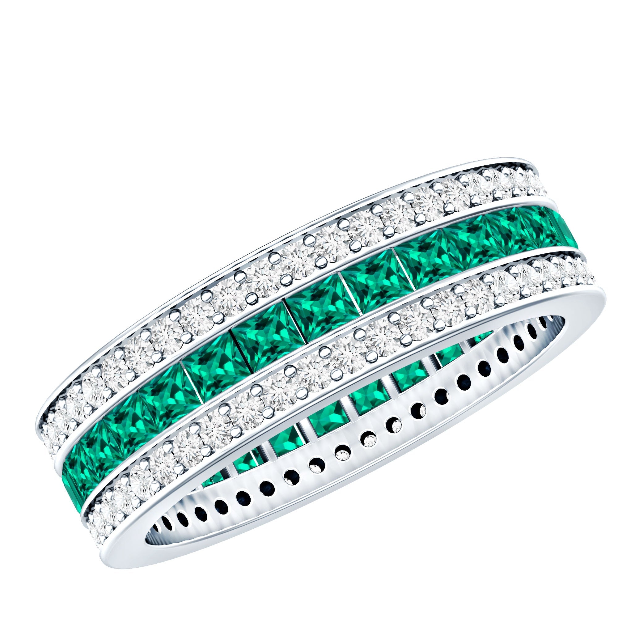Certified Lab Grown Emerald 3 Row Eternity Wedding Band