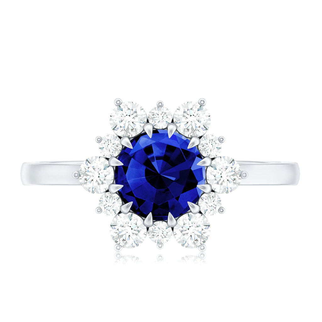 Round Cut Created Blue Sapphire Classic Halo Engagement Ring with Moissanite