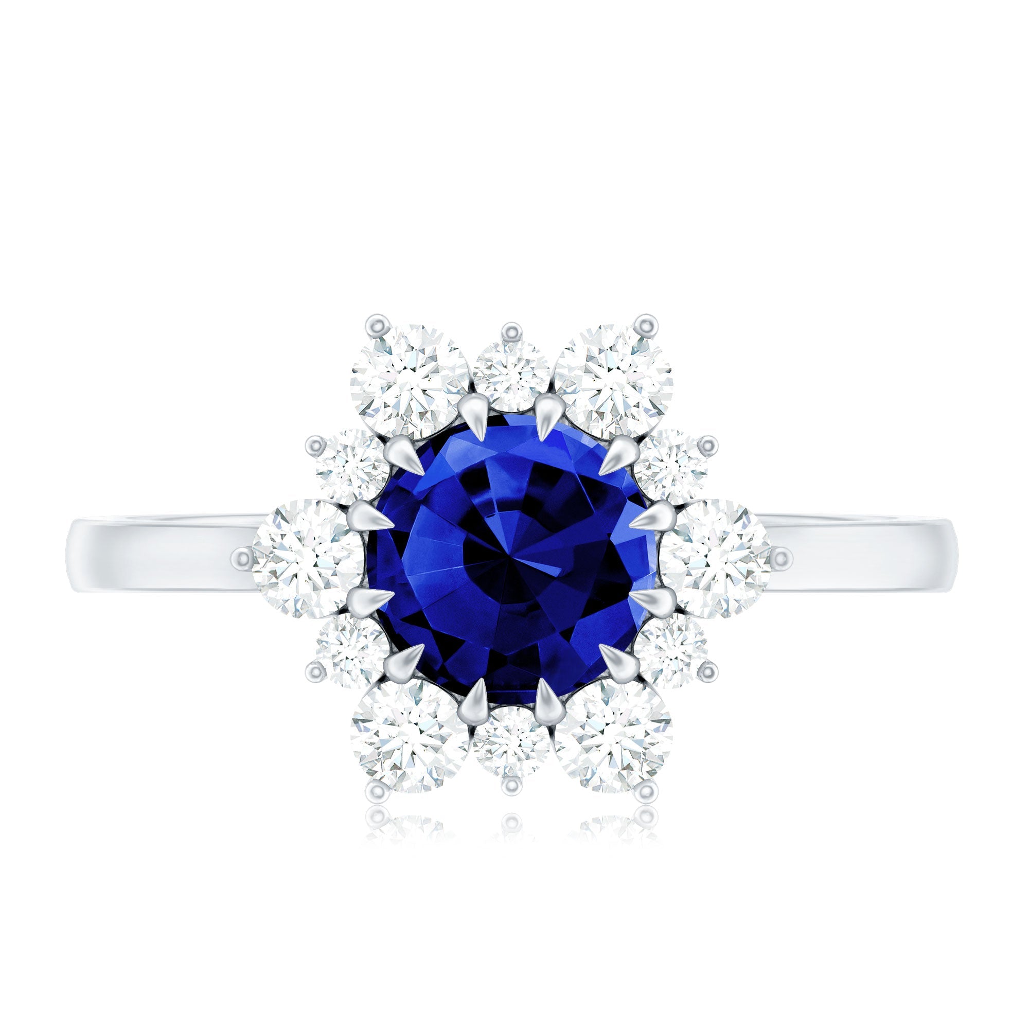 Round Cut Created Blue Sapphire Classic Halo Engagement Ring with Moissanite