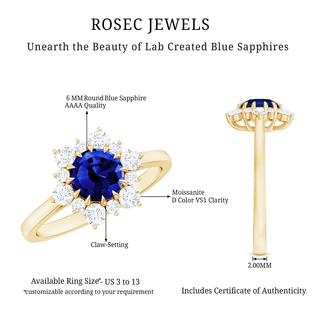 Round Cut Created Blue Sapphire Classic Halo Engagement Ring with Moissanite