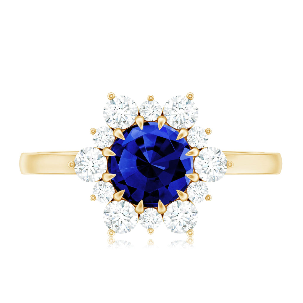 Round Cut Created Blue Sapphire Classic Halo Engagement Ring with Moissanite