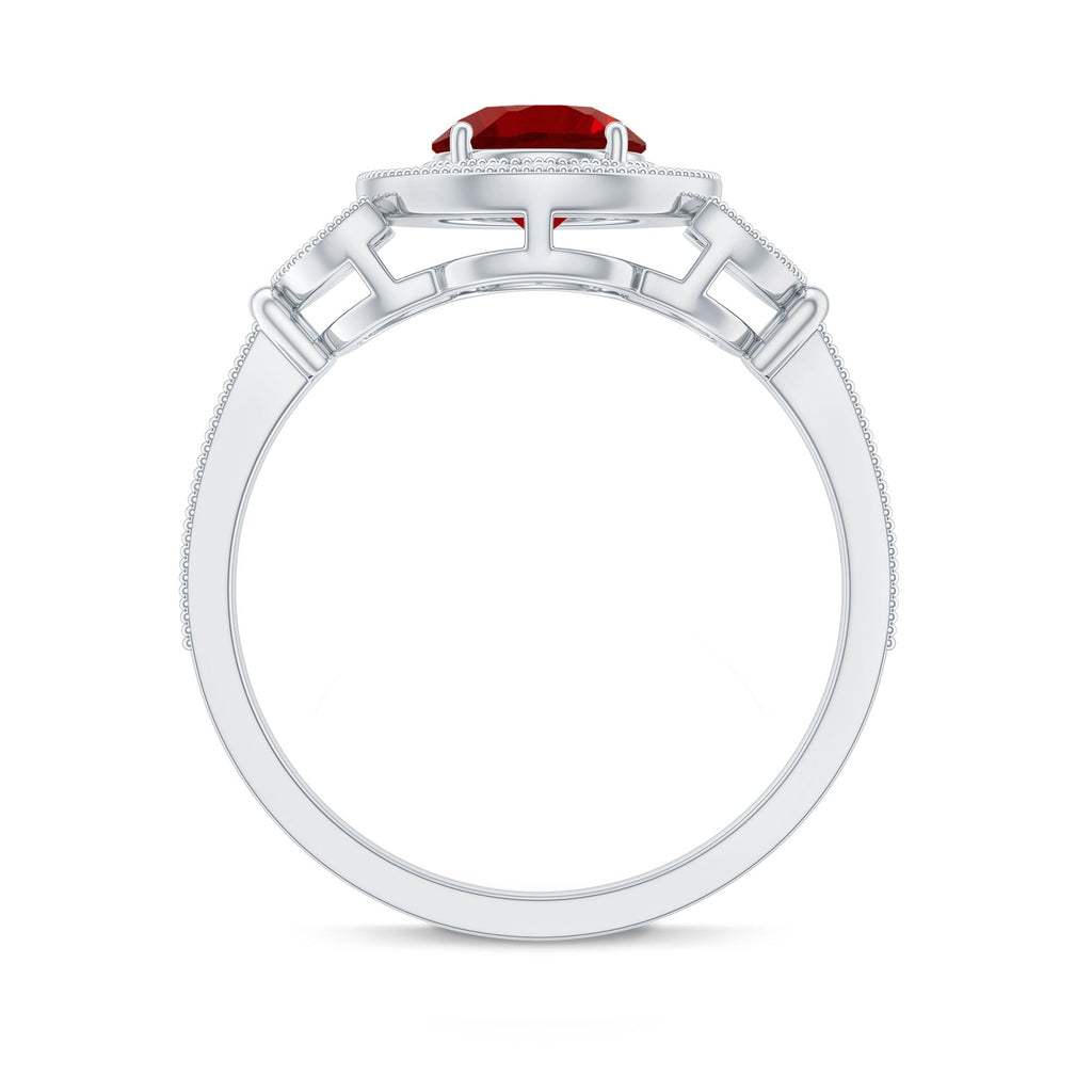 Vintage Inspired Lab Grown Ruby Engagement Ring with Diamond Halo