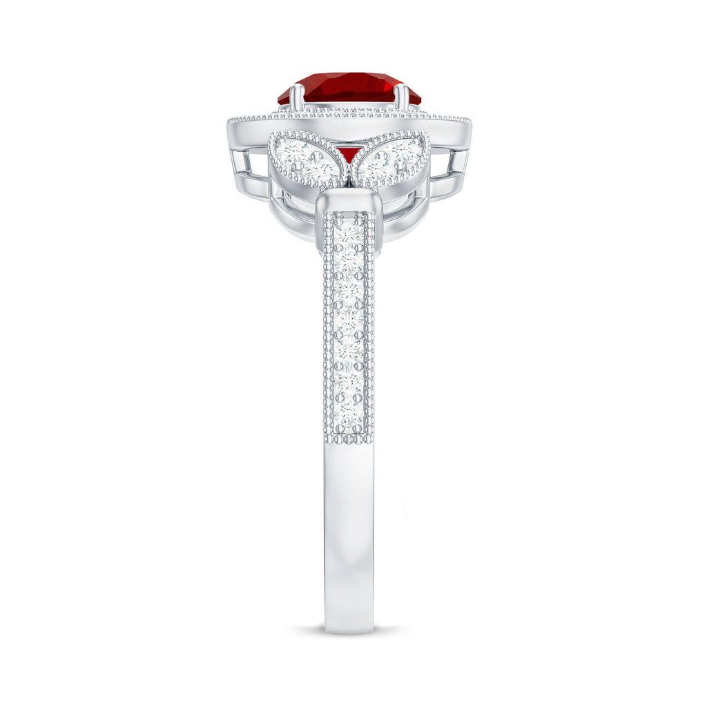 Vintage Inspired Lab Grown Ruby Engagement Ring with Diamond Halo