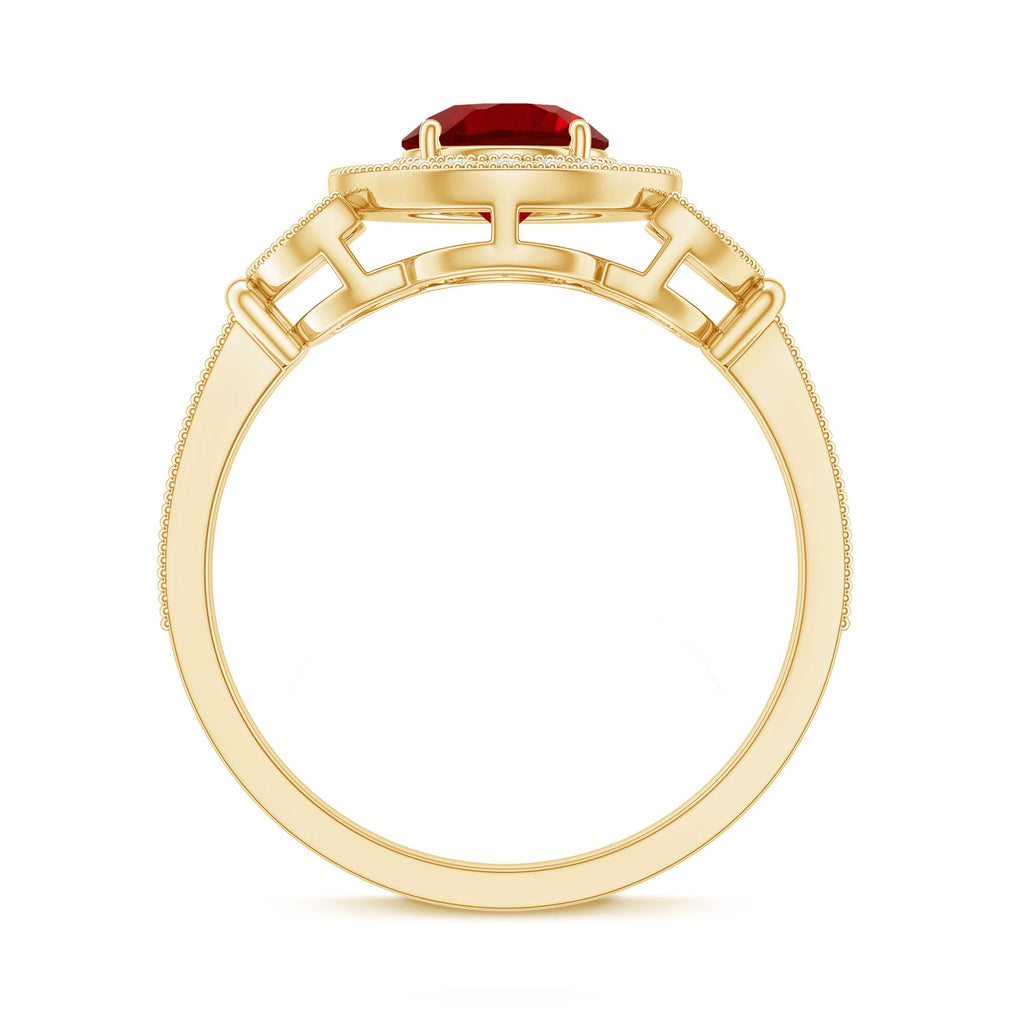 Vintage Inspired Lab Grown Ruby Engagement Ring with Diamond Halo