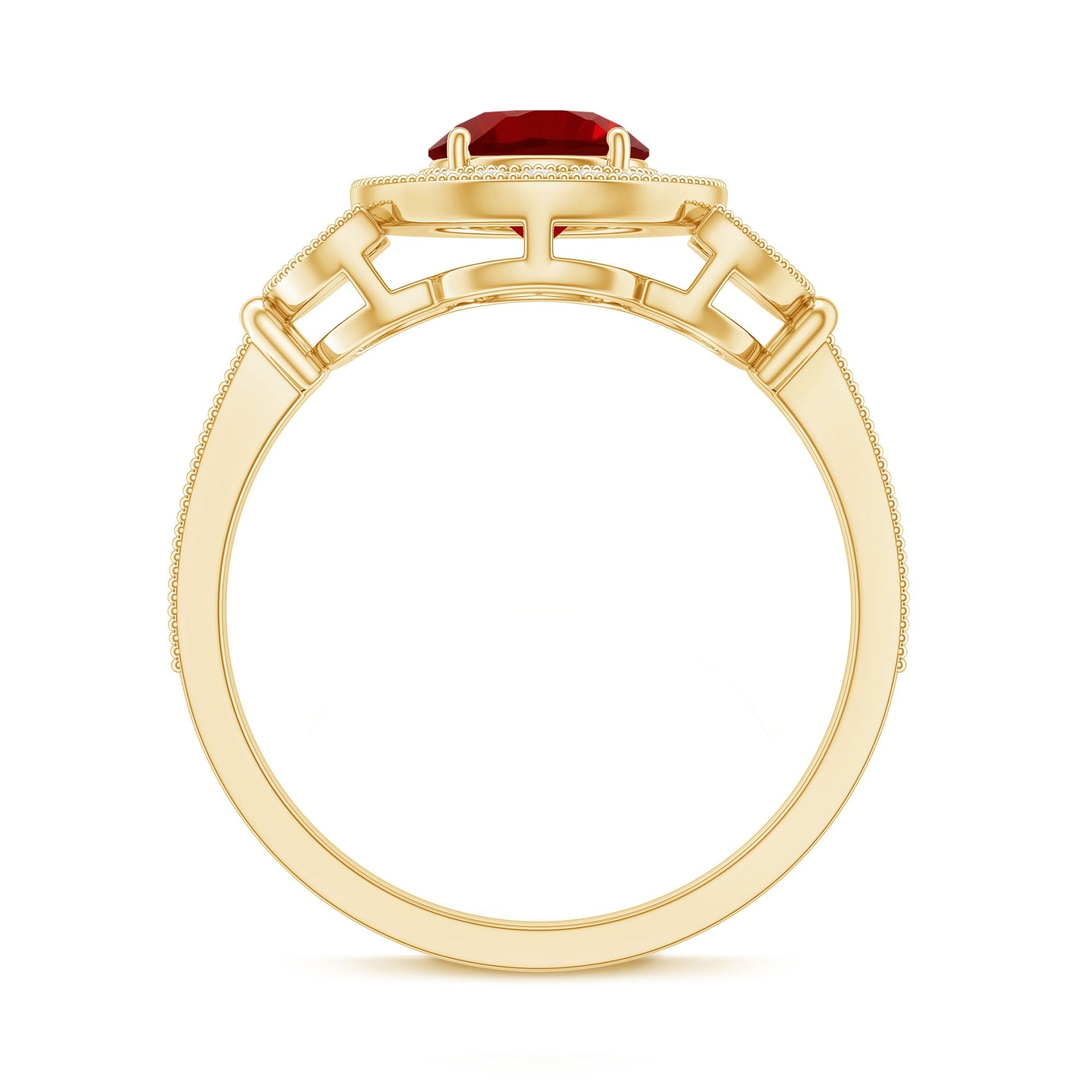 Vintage Inspired Lab Grown Ruby Engagement Ring with Diamond Halo